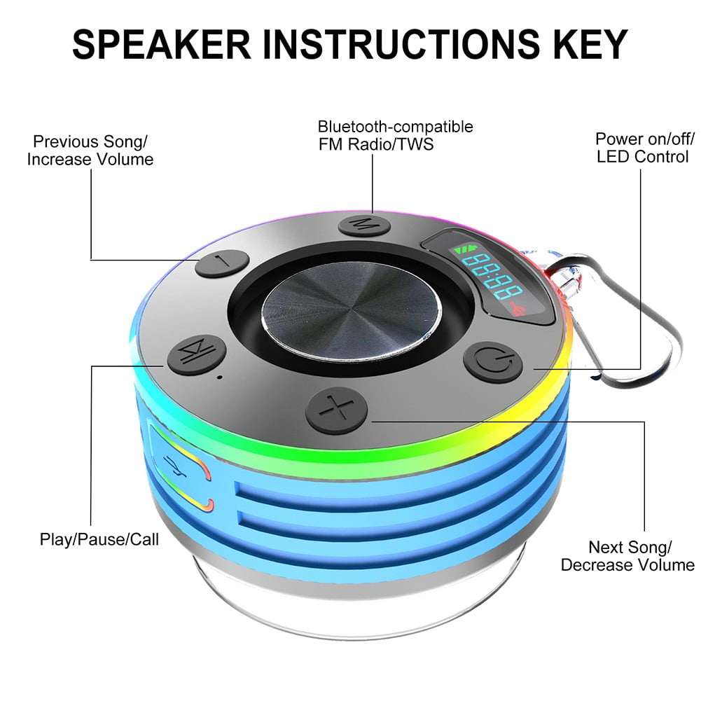 linyes Bluetooth Shower Radio Speaker with Suction Cup IPX7 Waterproof FM Radio Clock LED Display Portable Wireless Speaker for Bathroom Pool blue