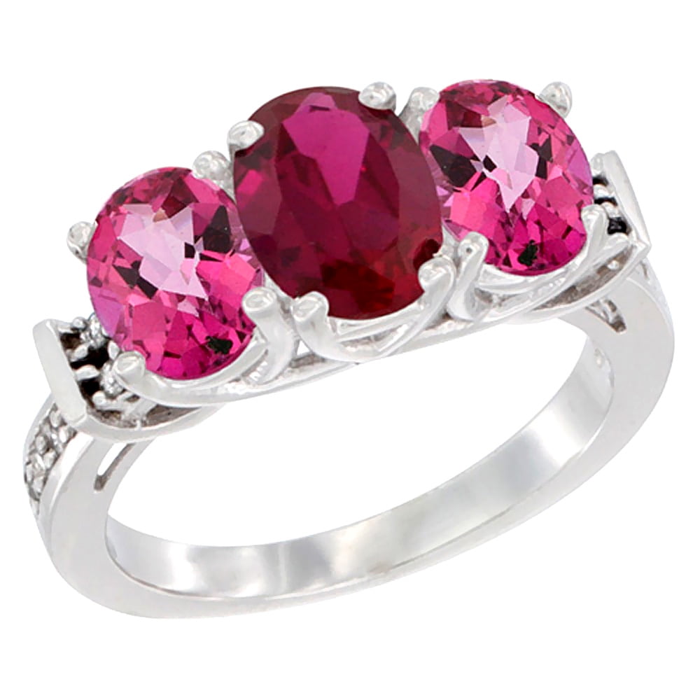10K White Gold Enhanced Ruby & Pink Topaz Sides Ring 3-Stone Oval Diamond Accent, sizes 5 10 by WorldJewels