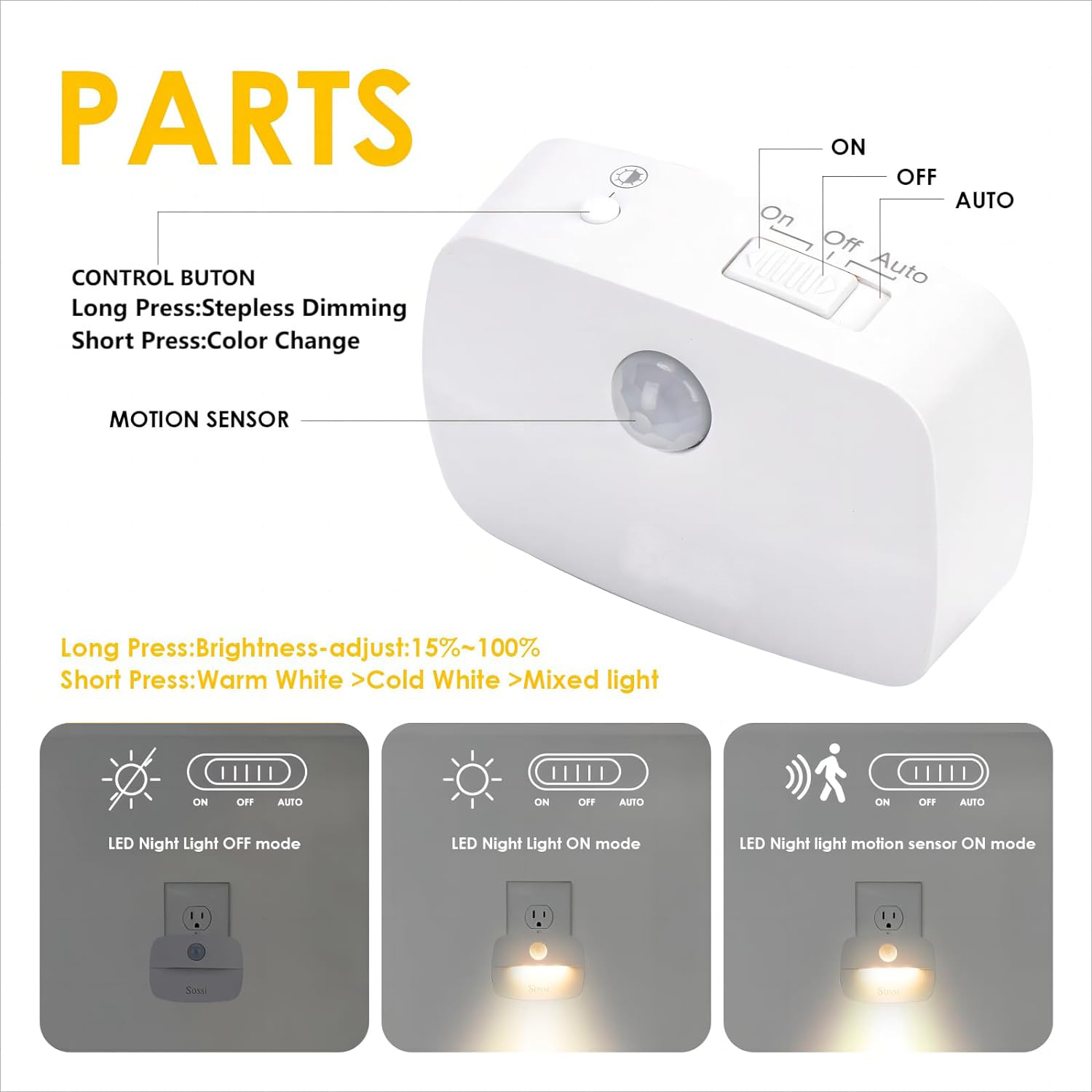 Sensor Night Light Plug in 4 Pack,10-60Lm Stepless Dimming,3 Light Modes with Memory, Smart Night Lights Plug Into Wall Sensor,Dusk to Dawn Sensor for Bedroom,Toilet,Hallway,Kitchen