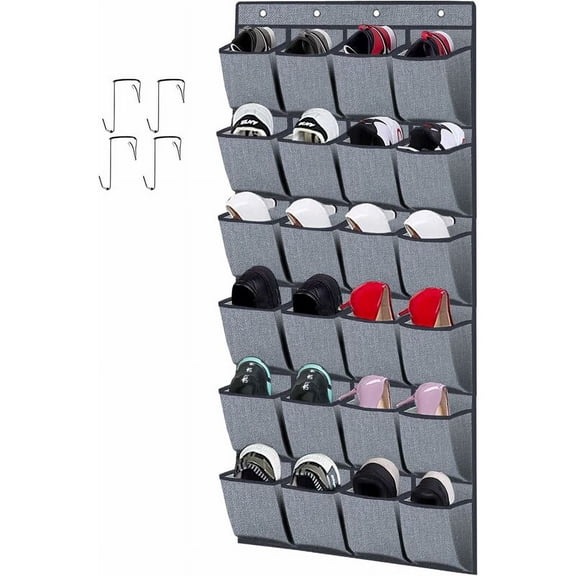 24-Pocket Over-Door Shoe Rack — Foldable Linen Gray Organizer with Hooks for Efficient Storage and Collection Management