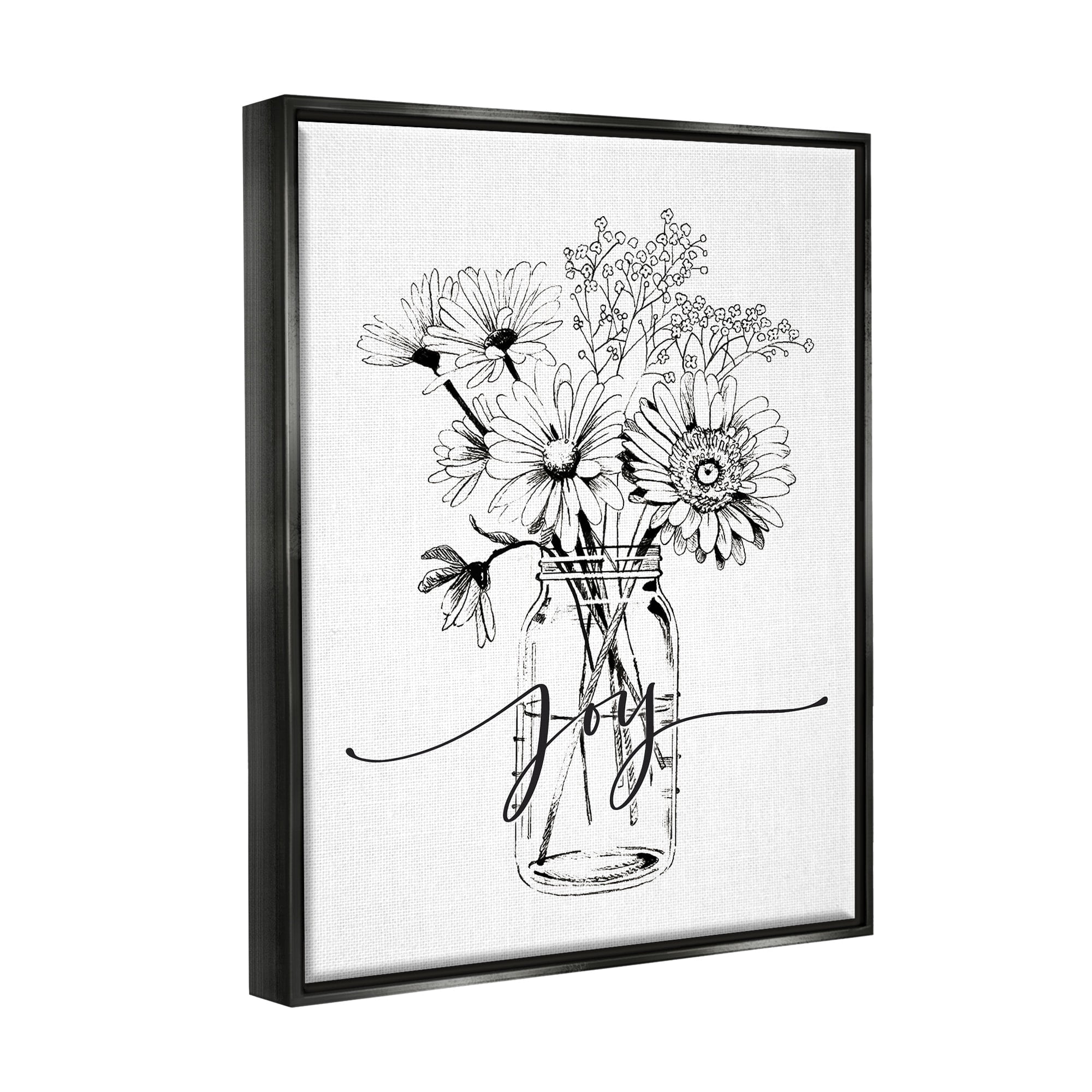 Stupell Industries Joy Text Daisies Bouquet Detailed Line Design Graphic Art Jet Black Floating Framed Canvas Print Wall Art, Design by Lettered and Lined