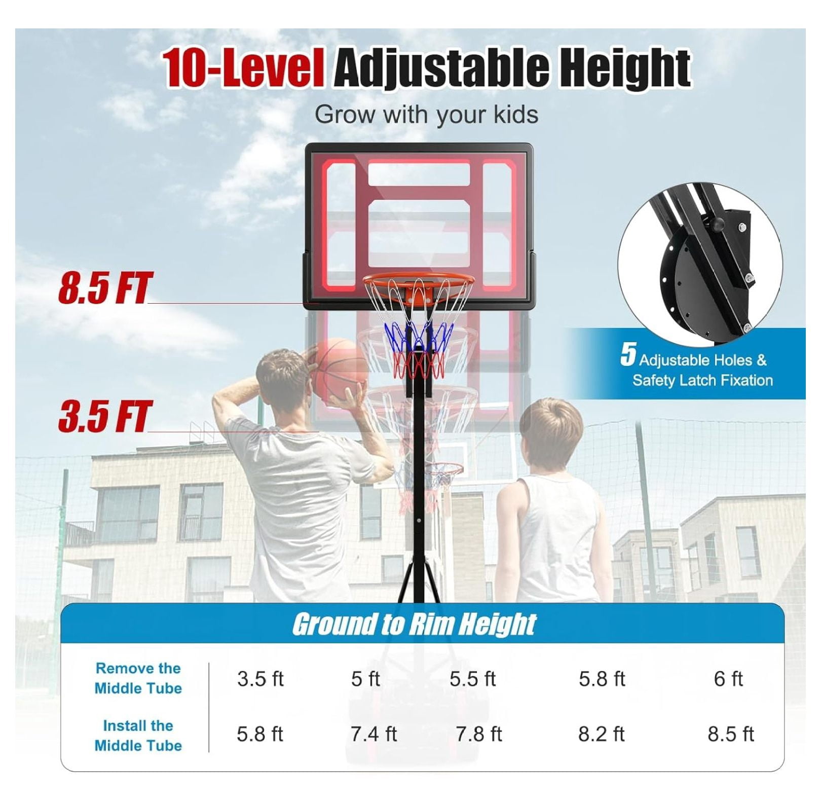 Portable Basketball Hoop, 5 FT to 10 FT Adjustable Basketball Goal with 10 Heights, All Weather Basketball Stand System with Weight Bag & Wheels, for Youth Adult, Indoor Outdoor Pool, Court