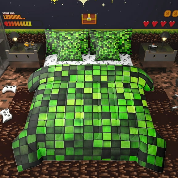 Homewish Square Checkered Kids Twin Bedding Sets 7-Piece, Cartoon Building Gamers Bedding Comforter Set, Black Green Block Patchwork Reversible Sheet Sets, Microfiber Bedroom Decor