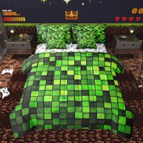 Manfei Square Checkered Kids Twin Bedding Sets 7-Piece, Cartoon Building Gamers Bedding Comforter Set, Black Green Block Patchwork Reversible Sheet Sets, Microfiber Bedroom Decor