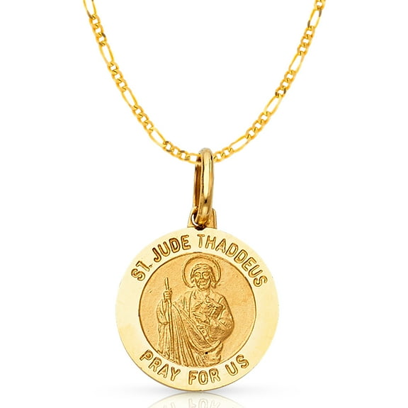 Ioka-14K Yellow Gold St. Jude Thaddeus Pray For Us Charm Pendant with 2mm Figaro 3 1 Chain Necklace - 16"