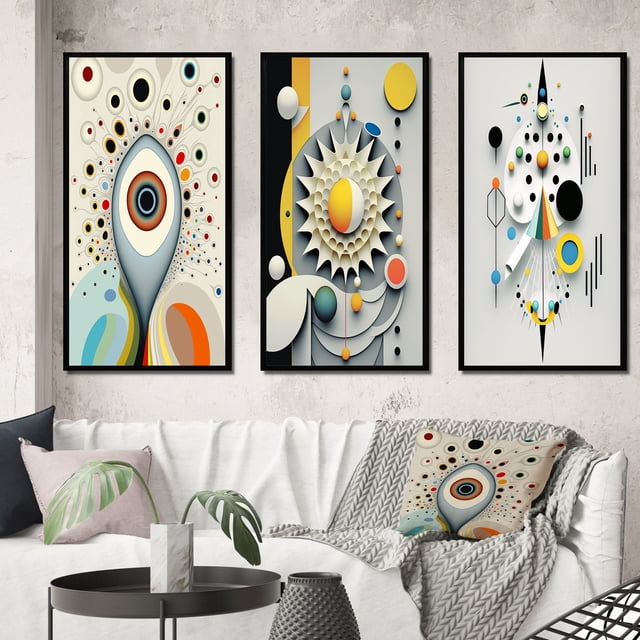 Designart "Occult Séance Insights IV" Modern Geometric Framed Wall Art Set Of 3 - White Abstract Frame Canvas Set For Living Room Decor
