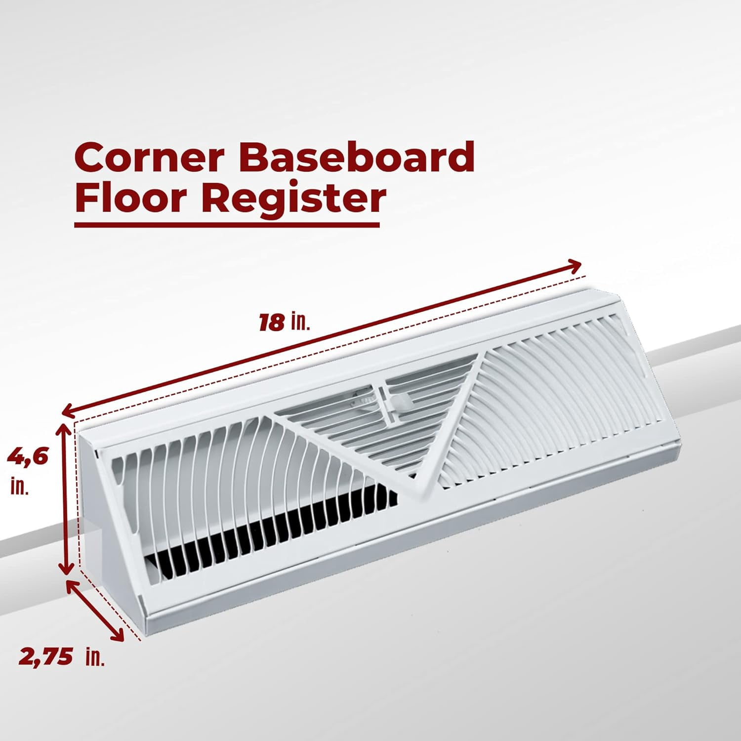 Fits 18" [External Length] Baseboard Space | Corner Baseboard Register by Handua | Round Type Air Flow Design | Register Vent Cover Grill | Adjustable Lever for Air Flow Control | White