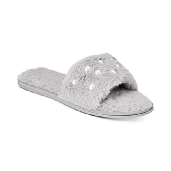INC International Concepts Women’s Embellished Faux-Fur Slide Slippers, Pastel Gray, X L