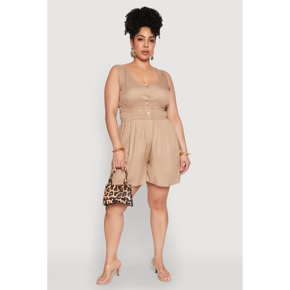 Womens Plus Size Smocked Half Button Romper