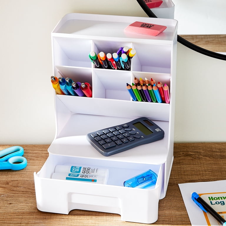 Pen+Gear White Tall Plastic Desktop Organizer with Drawer for Office and School Supplies