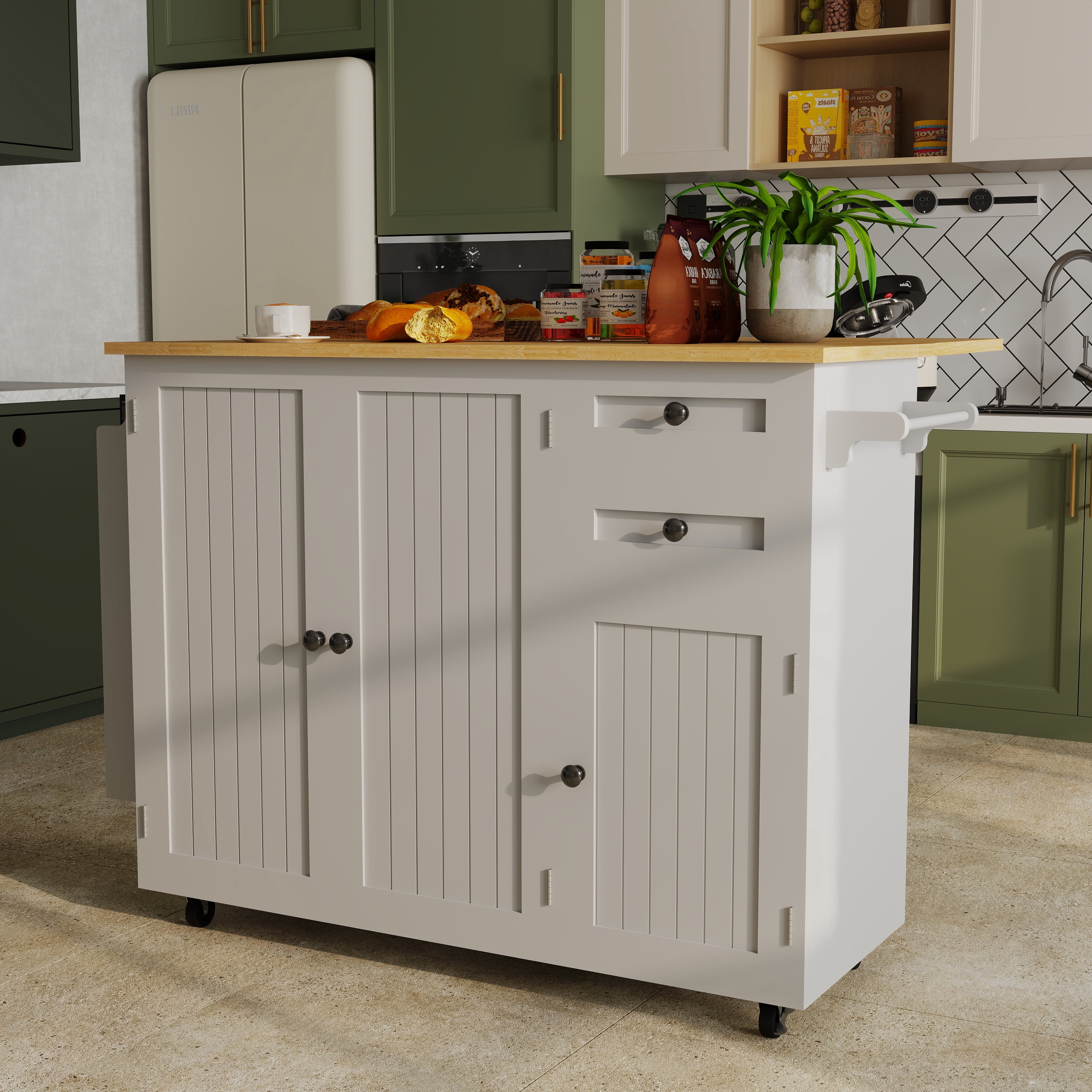 CBJCBJ 50.4" Kitchen Island with Storage, Wood Top Cart with Drop Leaf and Wheels, Gray