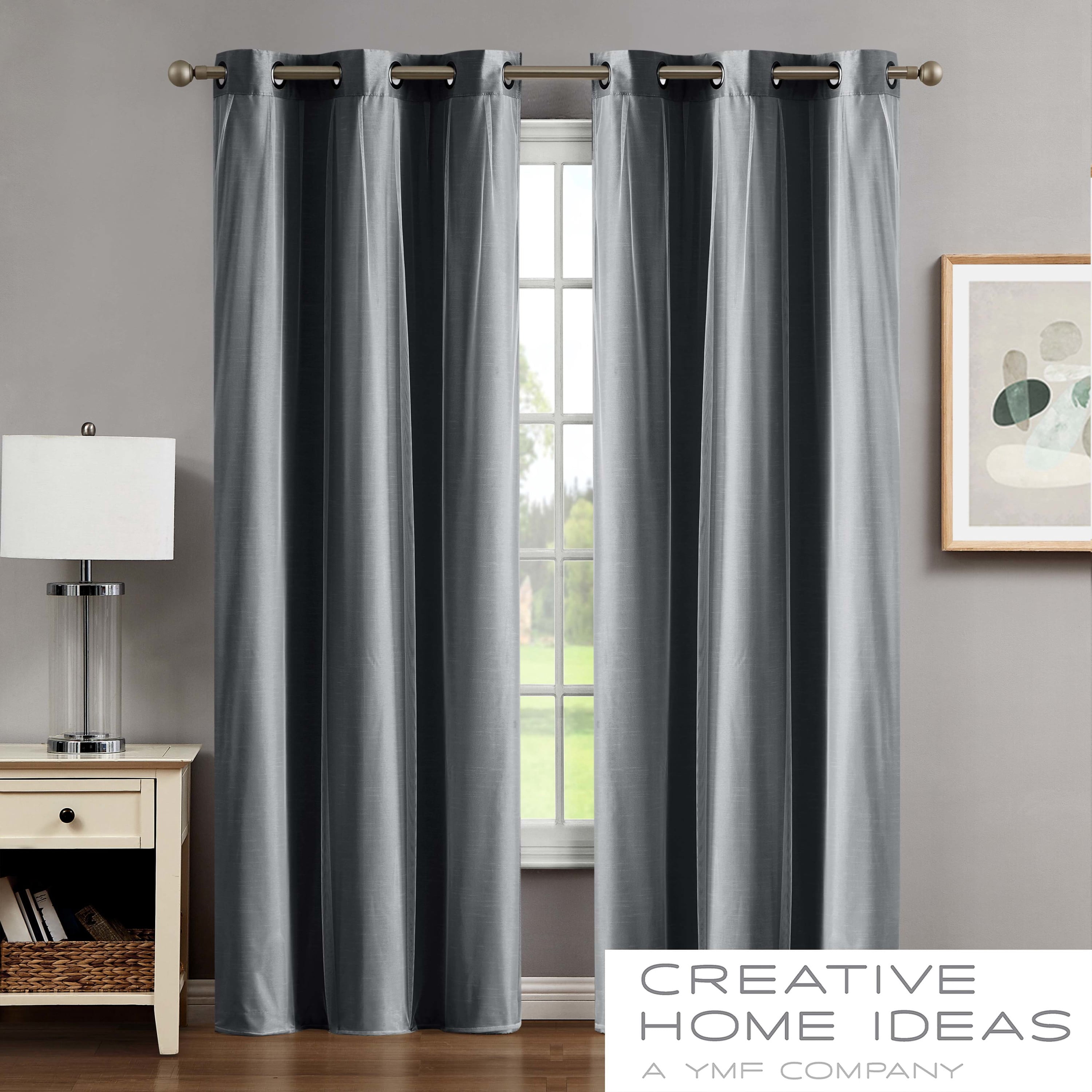 Augusta Blackout Window Curtain Panels and Tiebacks, Faux Silk with Sheer Overlay, Grommet, Charcoal Grey, 38" x 84"