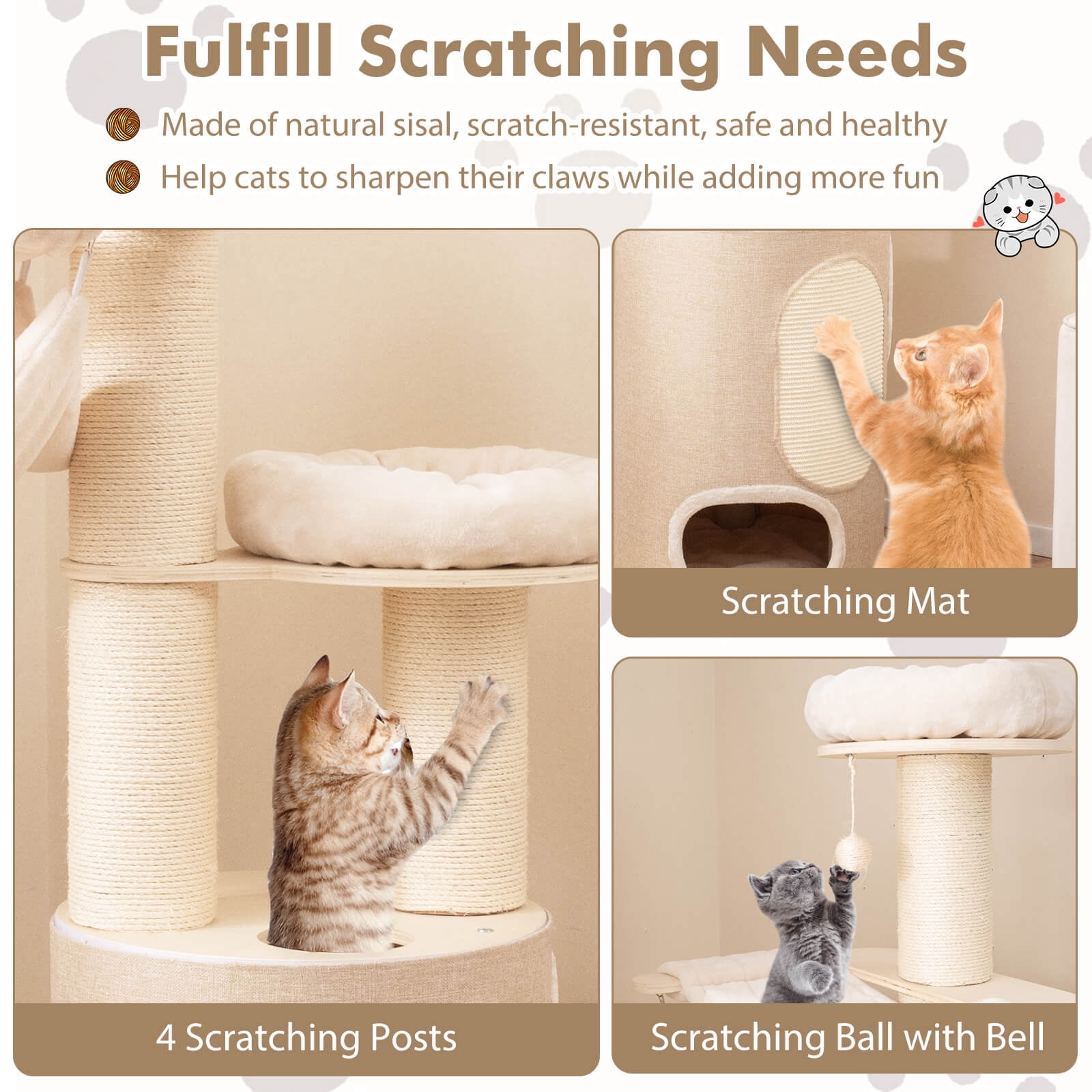 Infans 74" Tall Wooden Cat Tower Tree w/ 2-Story Cat Condo  2-Style Hammocks