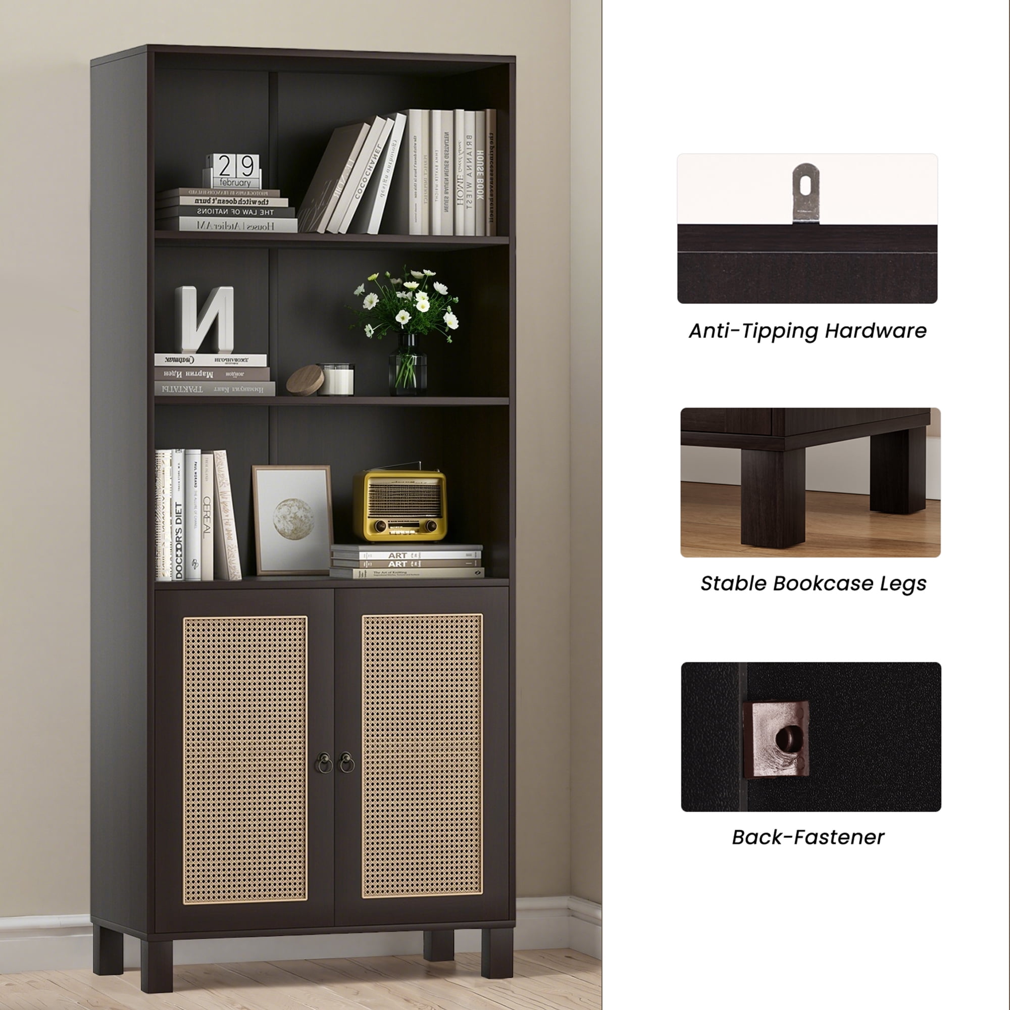 MAYEERTY 5-Shelf Bookcase with Rattan Doors, Tall Display Shelves for Home Office & Bedroom,Dark Walnut