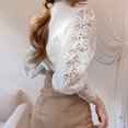 thumbnail image 4 of Women’s Lace Long Puff Sleeve Top Stand Collar Pearl Button Solid Color Blouse Shirt, 4 of 5
