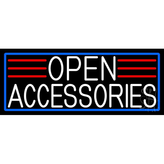 White Open Accessories With Blue Border LED Neon Sign 10 x 24 - inches, Clear Edge Cut Acrylic Backing, with Dimmer - Bright and Premium built indoor LED Neon Sign for automotive store, and mall.