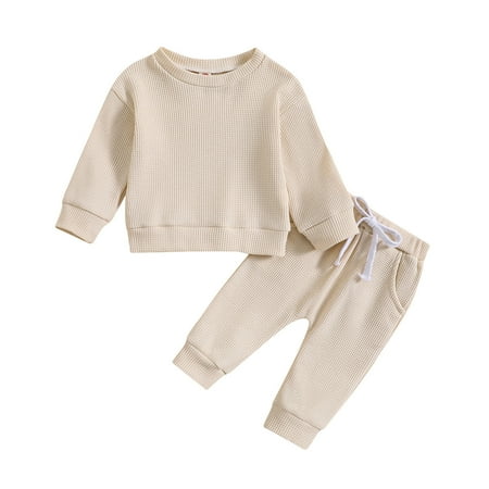 

Gvdentm Toddler Baby Boy/Girl Sweatshirt 2 Piece Set Crew Neck Long Sleeve Sweatpants With Pocket Set Fall Winter Fashion Set for Kids Solid Color Lace-up Pants Cotton Blend Z04-Beige 2-3 Years