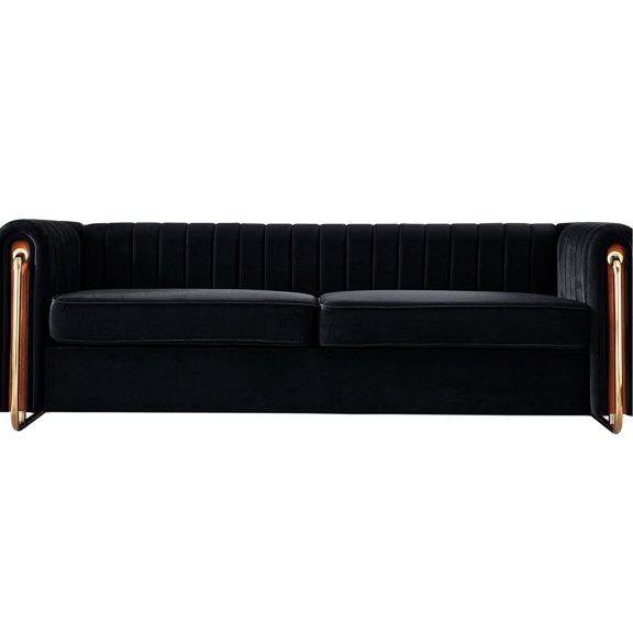 Black Velvet Couch 84.25''w For Living Room, With Deep Tufting And Polished Gold Legs Room ,