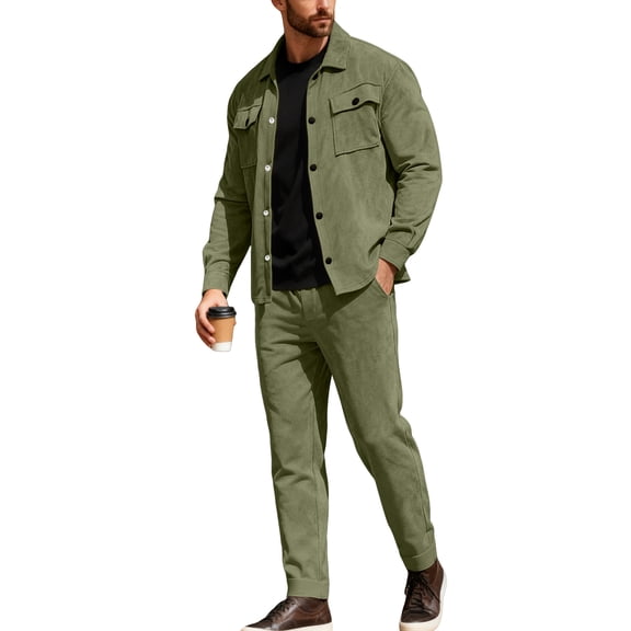 CharmCyan Men’s Two Piece Casual Jacket and Pants Set Long Sleeve Button Front Shirt Top with Straight Leg Trousers for Everyday Wear Army Green L