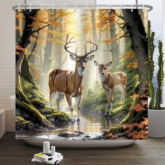 Pbobriich Animals Elk Deer Shower Curtain,Forest Nature Landscape Bathroom Curtain,72"x78"