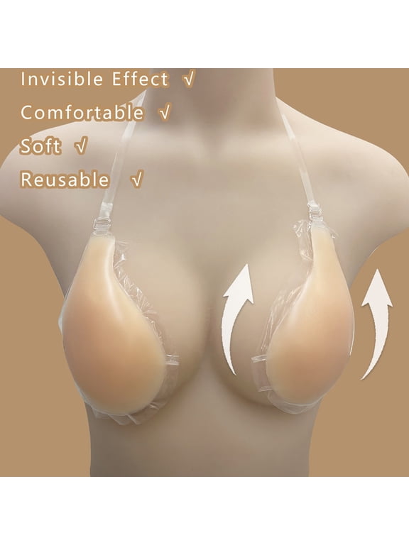 Women's Silicone Adhesive Bra Clear Halter Strap Push Up Lingerie, Backless Wedding Sticky Breast Tape, Solid Gel Gathering Pasties, Invisible Reusable Lift Nipple Cover