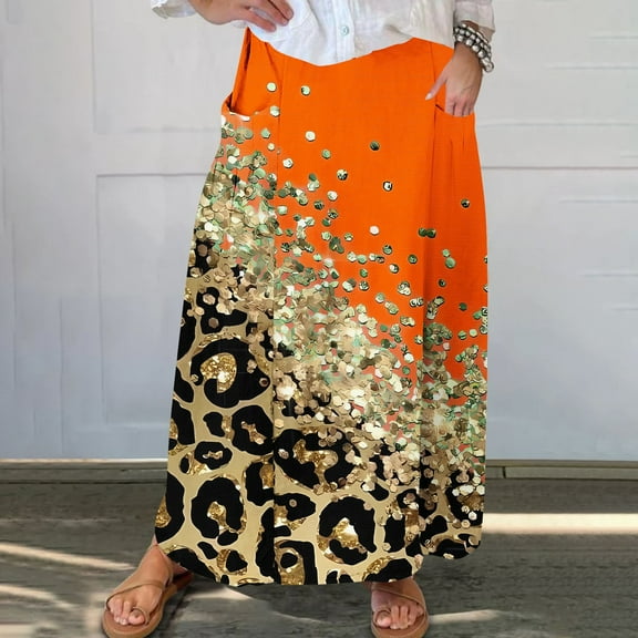 WXLWZYWL Women Flowy Maxi Skirt Floral Print Fall Casual Boho High Elatic Waist Loose Long Skirt with Pockets