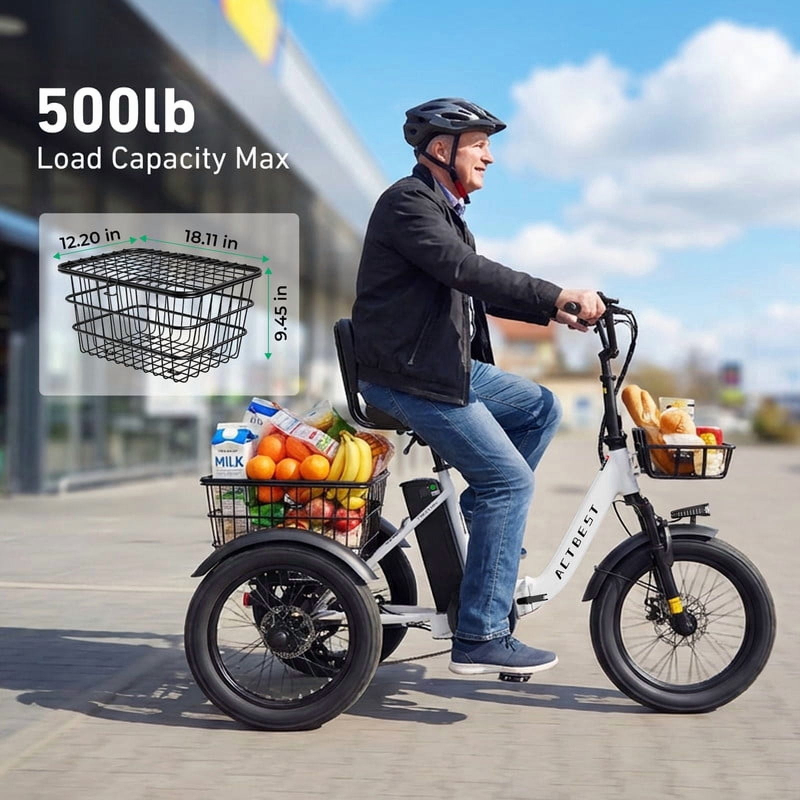 ACTBEST Electric Tricycle for Adults, 18"x3.0" Fat Tire 3-Wheel Electric Bike, 350W(Peak 1200W) Motor 48V 10.4Ah Battery, Folding E-Trike Up to 18Mph (Black) with Mirror & Phone Bag