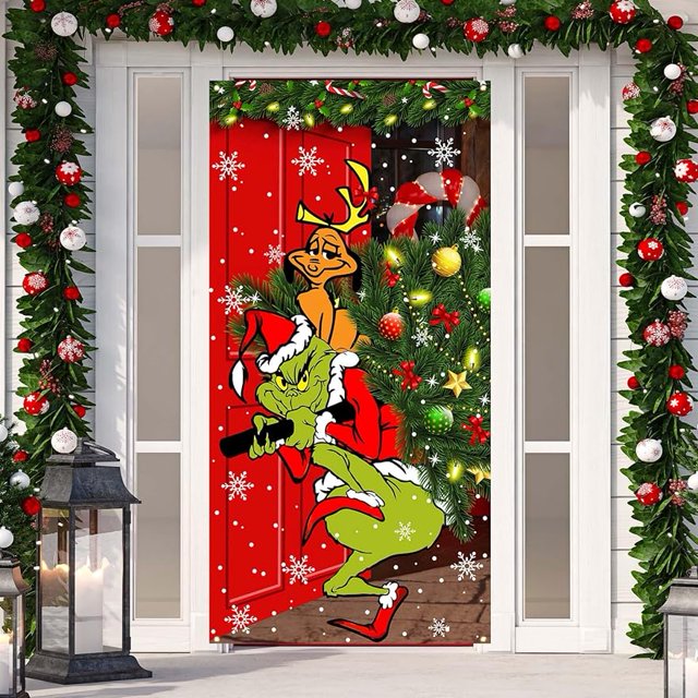 Grinch Decoraciones navideñas Grinch Cubierta para puerta Feliz Grinchmas Cubierta para puerta 6 x 3 pies Bandera de rejilla de búfalo negro Fotografía Banner Navidad Invierno Vacaciones Hogar Cocina