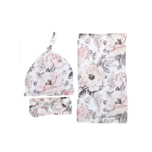 Wish Newborn Swaddle Set with Matching Hat and Headband Bow, Muslin