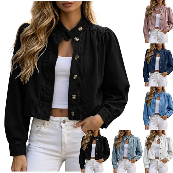 Women's Puff Sleeve Cropped Denim Jacket Stand Collar Button Front Loose Fitting Short Jean Outerwear Black XXL