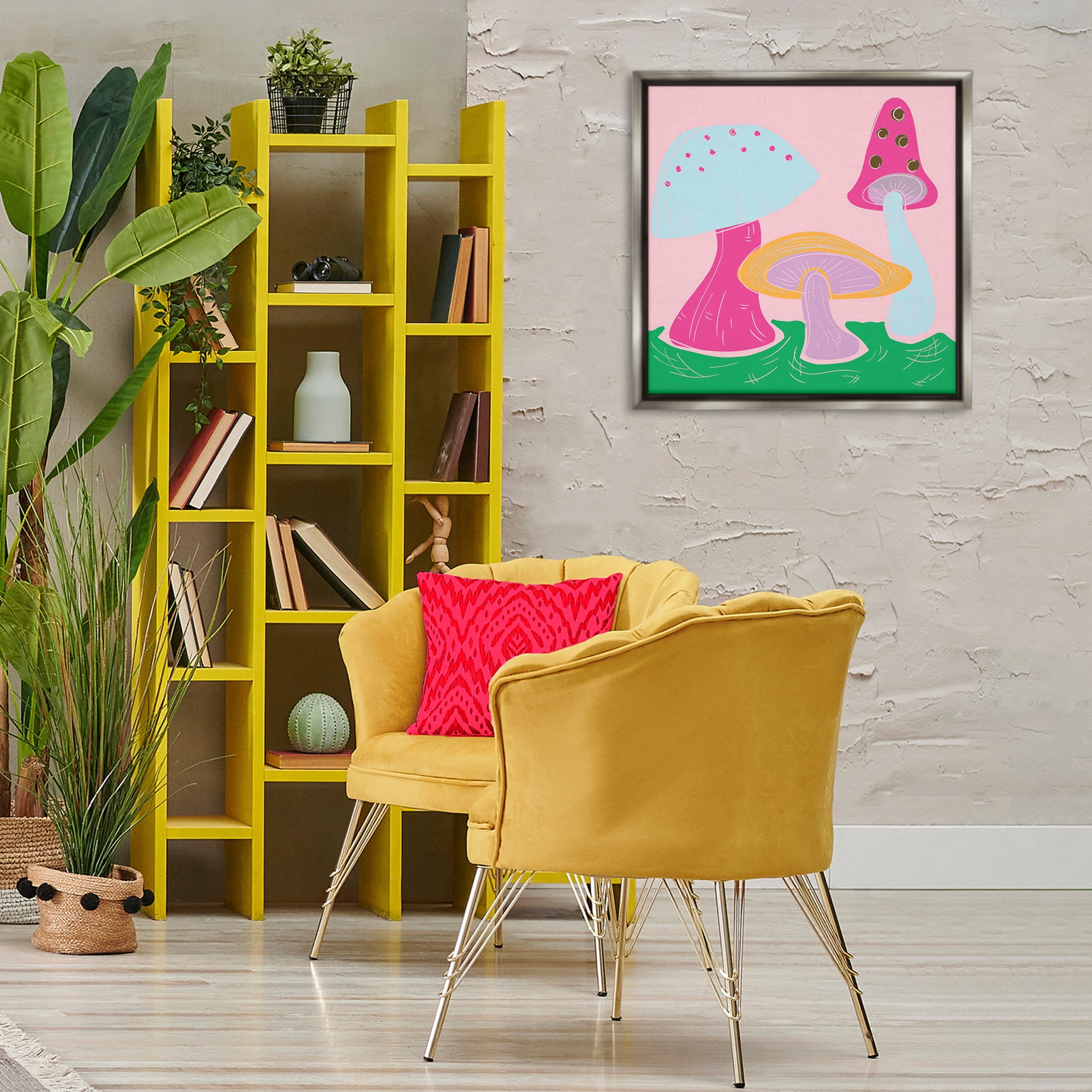 Stupell Industries Groovy Mushrooms Dancing Plants & Flowers Painting Gray Floater Framed Canvas Art Print Wall Art, 25 x 25