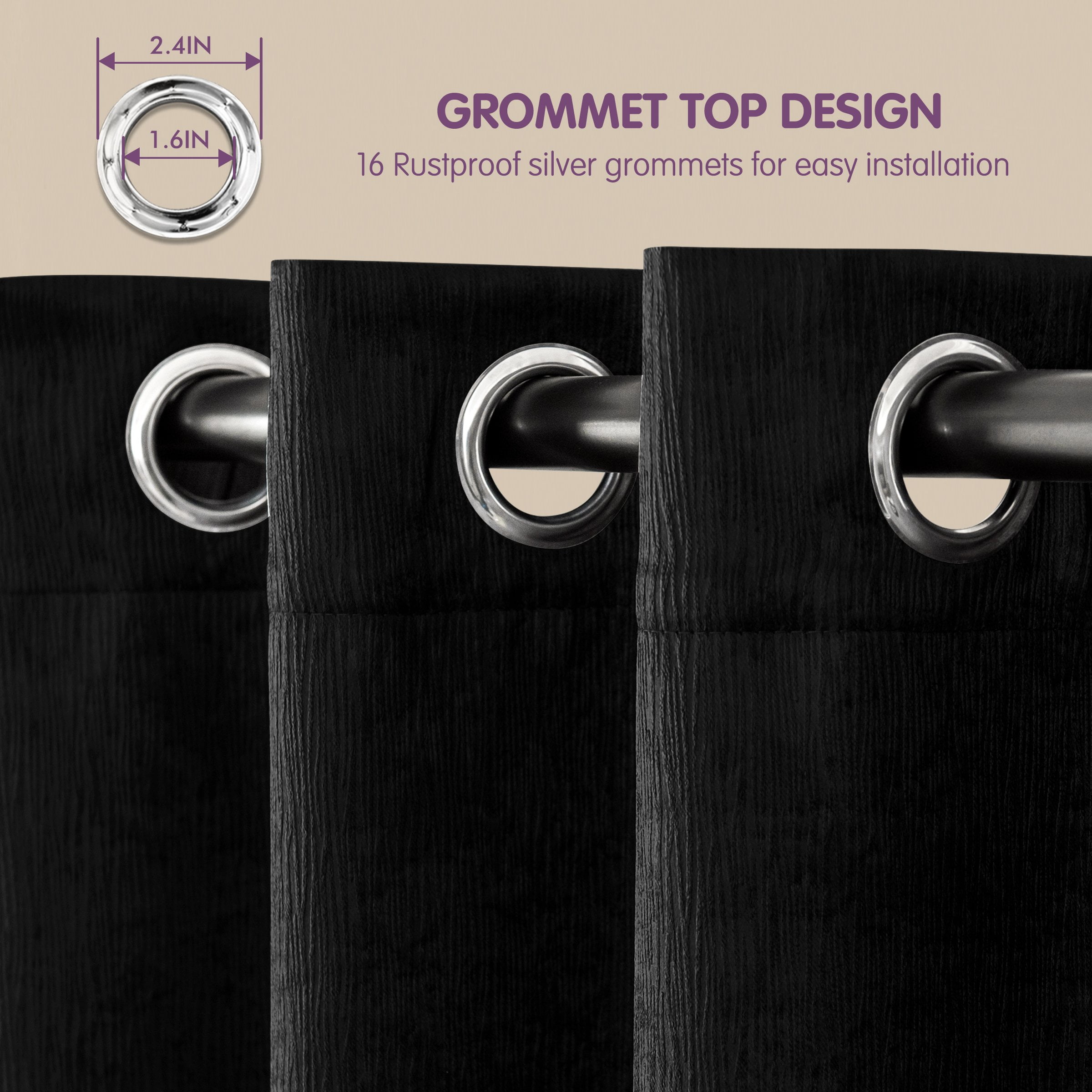 Subrtex Blackout Curtains 2 Panels Room Darkening Grommet Drapes, Black, 52"x 95"