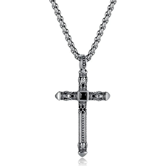 Skull Gothic Cross Necklace for Men Women Stainless Steel Punk Cross Pendant Necklace Jewelry Gift