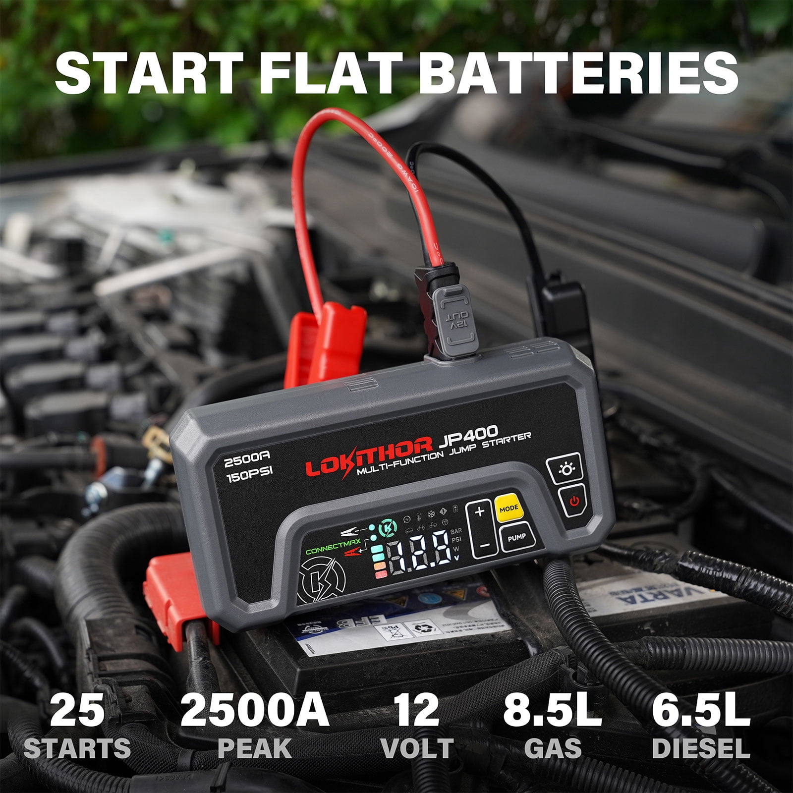 LOKITHOR JP400 Jump Starter with Air Compressor, 2500A 12V Car Battery Jumper Starter Portable (8.5L Gas/6.5L Diesel) with ConnectMax Tech, 150PSI Tire Inflator, Auto-Shutoff & Dynamic Dwell