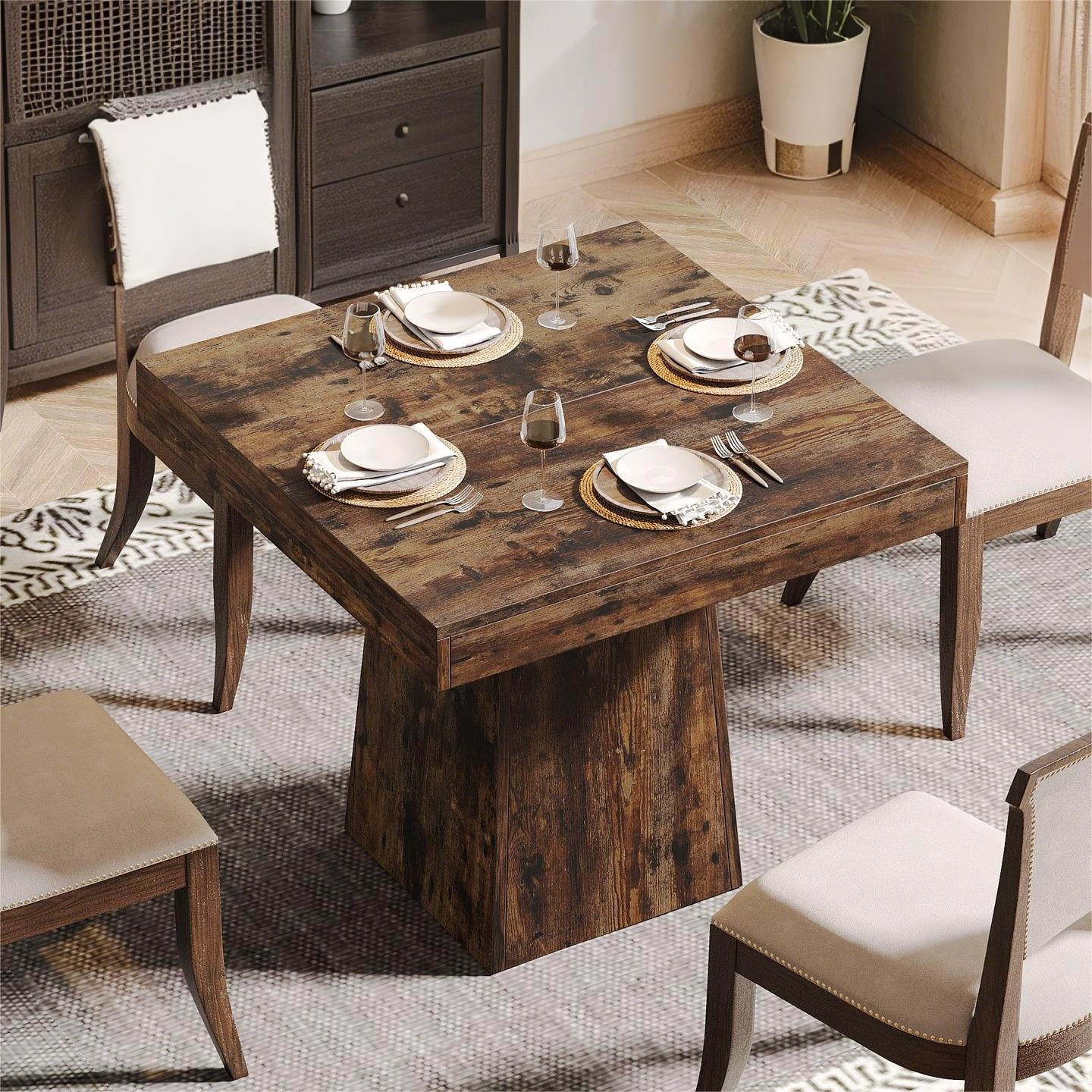 Fnova 31.5" Square Farmhouse Dining Table, Wood Coffee Table for 4 People, Modern Kitchen Table for Dining Room, Dark Brown (Chairs Not Included)