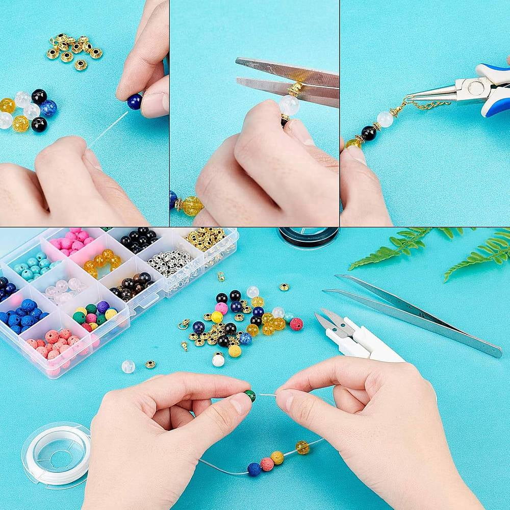 1 Set DIY Stretch Bracelets Making Kits include Gemstone Flat Elastic String Iron Scissors and 304 Stainless Steel Tweezers Mixed Color