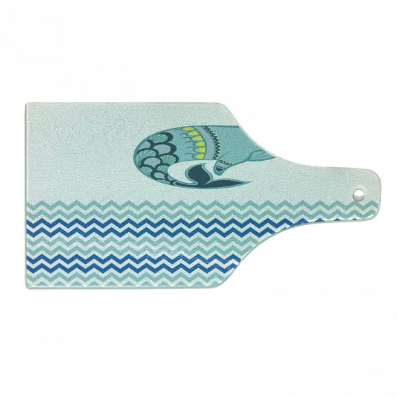 Whale Cutting Board, Big Ornamental Tailed Design Whale with Zig Zag Pattern Ocean Wave Art Print, Decorative Tempered Glass Cutting and Serving Board, Wine Bottle Shape, Blue and White, by Ambesonne