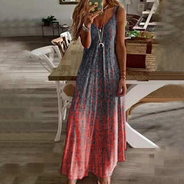 WILLBEST Vestidos de Algodon Vestidos Largos para Mujer Verano sin Mangas Boho Casual Cuello En V Vestidos Largos Vestido de Playa para Vacaciones Extra Grande