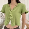 thumbnail image 3 of Women's Tie Open Front Ribbed Knit Short Sleeve Crop Tee Shirt Blouse Top, 3 of 5