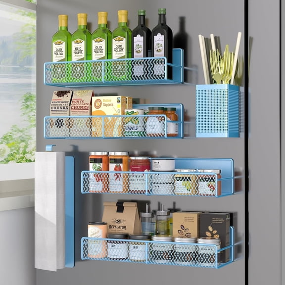 Magnetic Spice Rack for Refrigerator, 6 Pack 100% Metal Strong Magnet Shelf, Space Saving Spice Organizer, Home Kitchen Laundry Room Storage Organization W/ Paper Towel Holder, Utensils Racks ( Blue)
