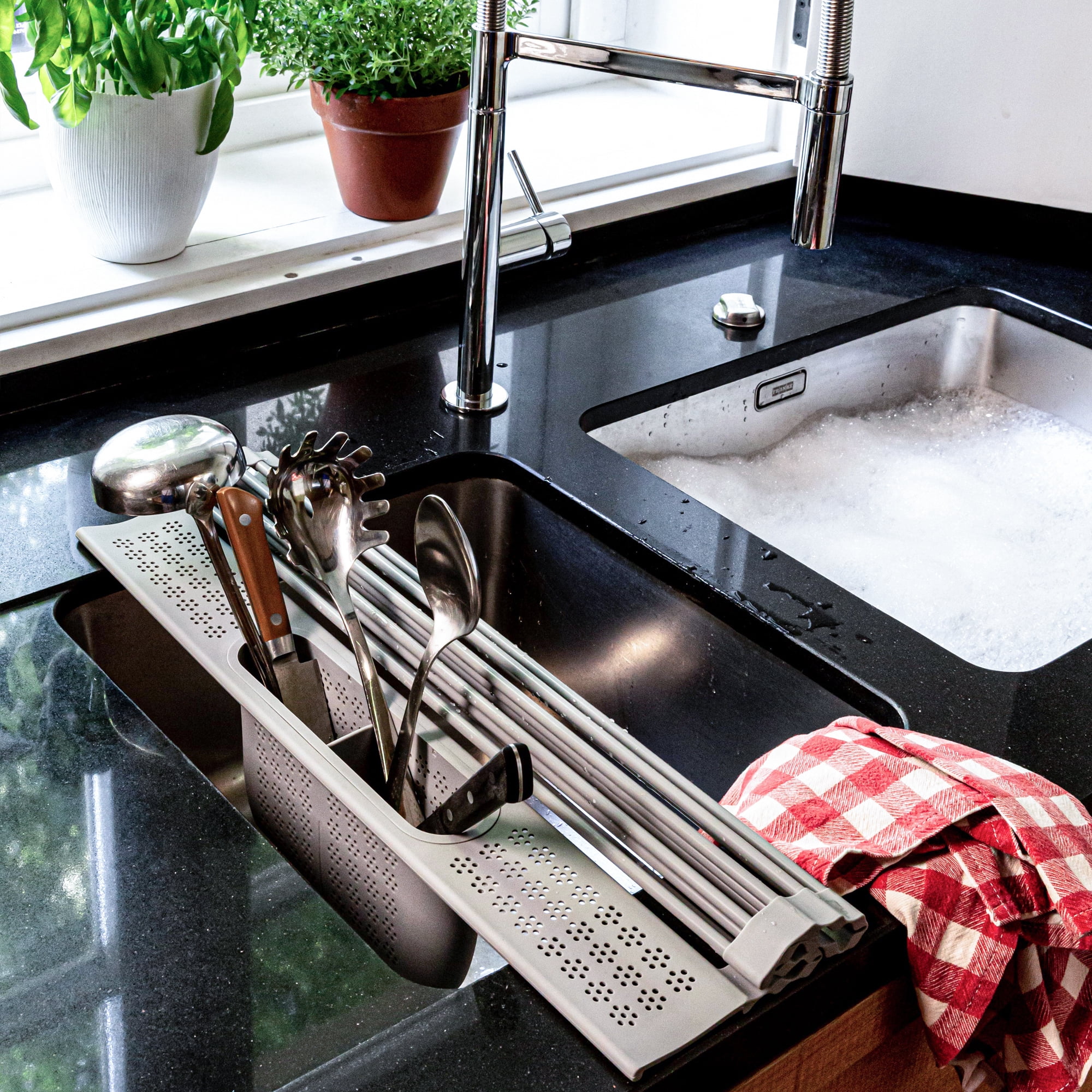 over&back Silicone Sink Drying Rack with Caddy - Foldable Kitchen Countertop Organizer - Fits Sponges, Rags, Dishes, and More