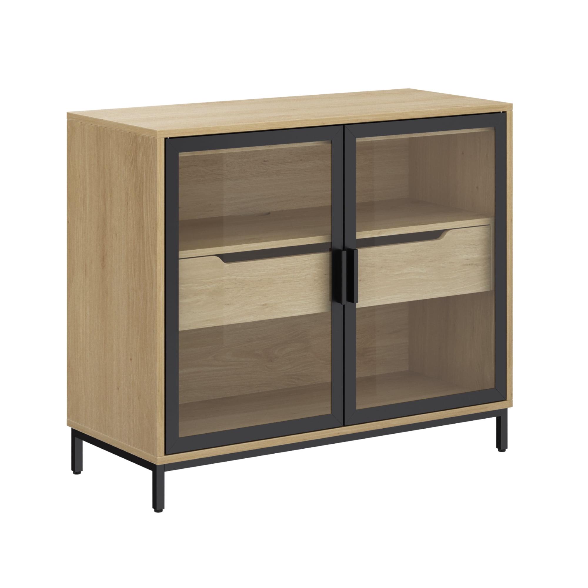 Nathan James Mackenna Metal and Glass Sideboard Accent Cabinet with Two Doors, Oak Credenza for Kitchen or Living Room