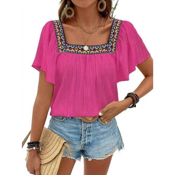 Mexican Shirts for Women Boho Embroidered Short Butterfly Sleeve Square Neck Loose Blouses Tees Rose Red XL