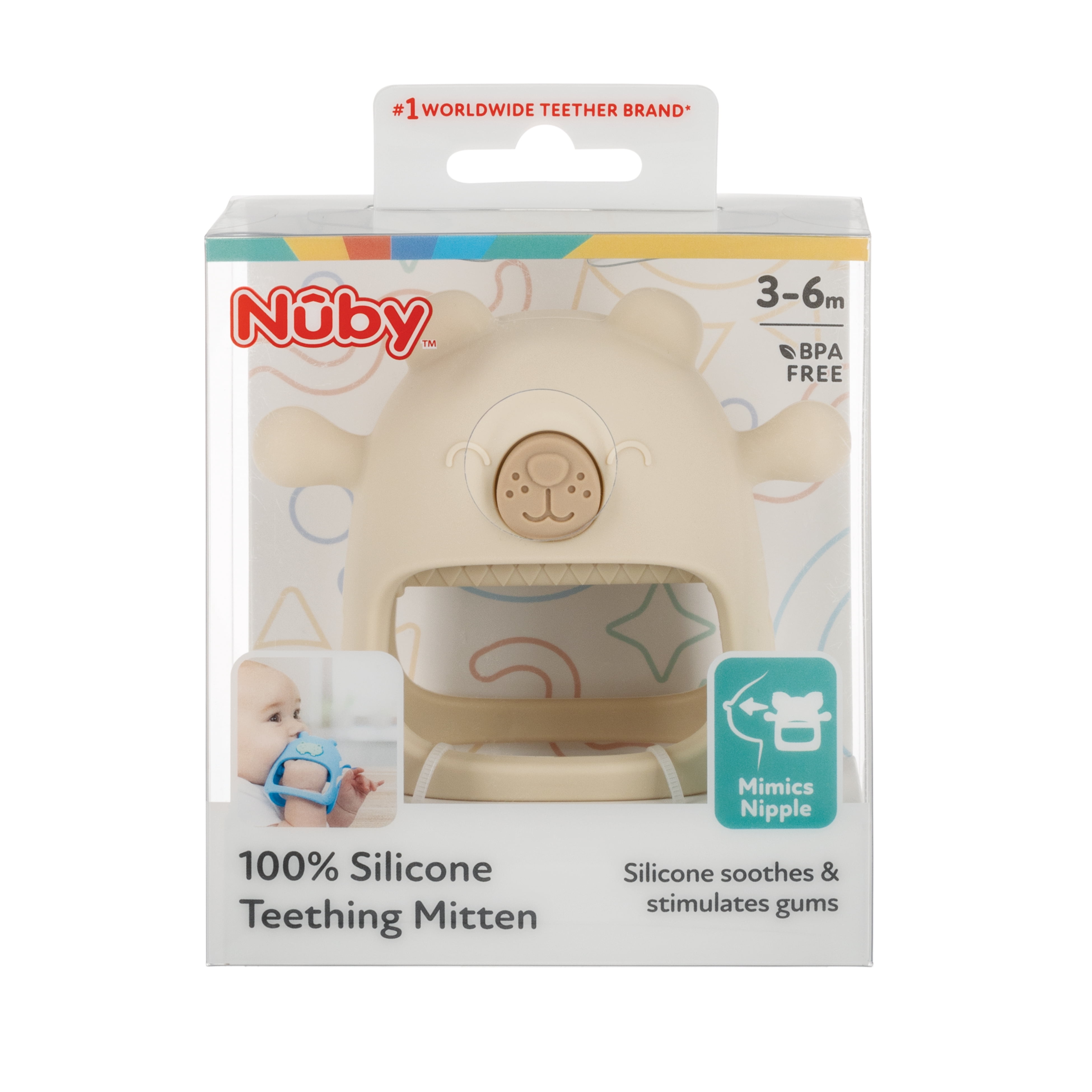 Nuby Wrist Grip Silicone Teething Mitten for Babies, Brown Bear