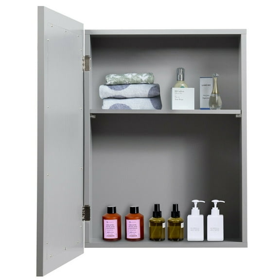 Gymax Wall-Mounted Bathroom Storage Organizer Mirrored Medicine Cabinet with Shelf Grey