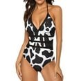 thumbnail image 3 of One Piece Swimsuit Women Tummy Control - V Neck Black White Cow Print Pattern Halter Swim Suits for Women 2025, Padded Full Coverage Bathing Swim Suit for Women, 3 of 7