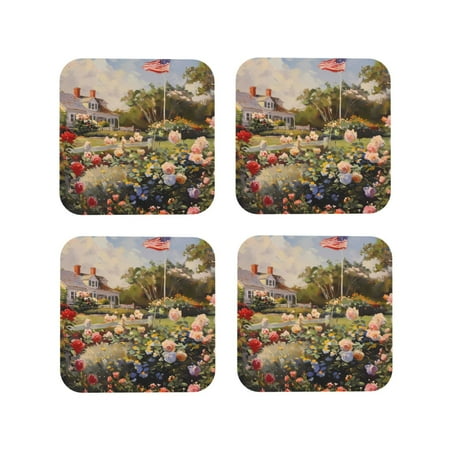 

Tideii American Flag Rose Garden for Leather Coasters 4 Pieces Anti-fouling and Anti-scalding Decorative Coasters Suitable for Restaurants Kitchens Coffee Shops-Square