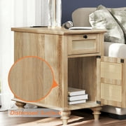 WAMPAT Farmhouse End Table with Charging Station, Wood Sofa Side Table with 1 Drawer&1 Storage Cabinet, Rattan Weaving End Table with Power Outlets & USB Ports for Living Room, Bedroom, Oak