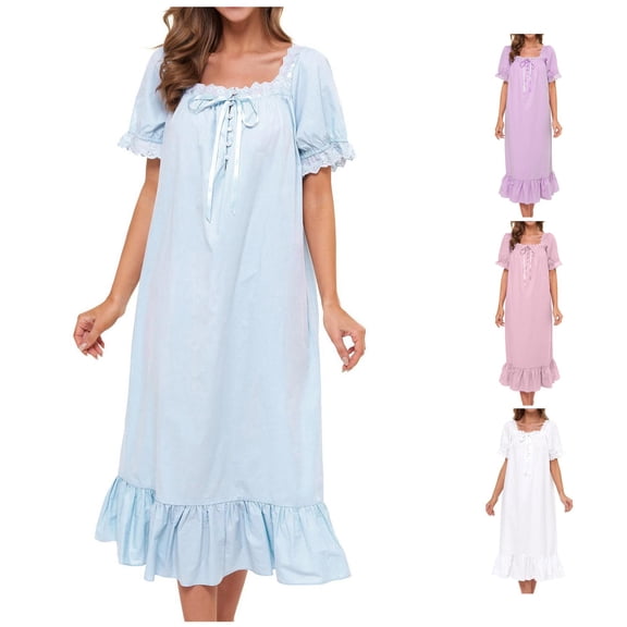 XIAOCHA Women's Lace Nightgown Square Neck Short Sleeve Ruffle Hem Sleep Dress