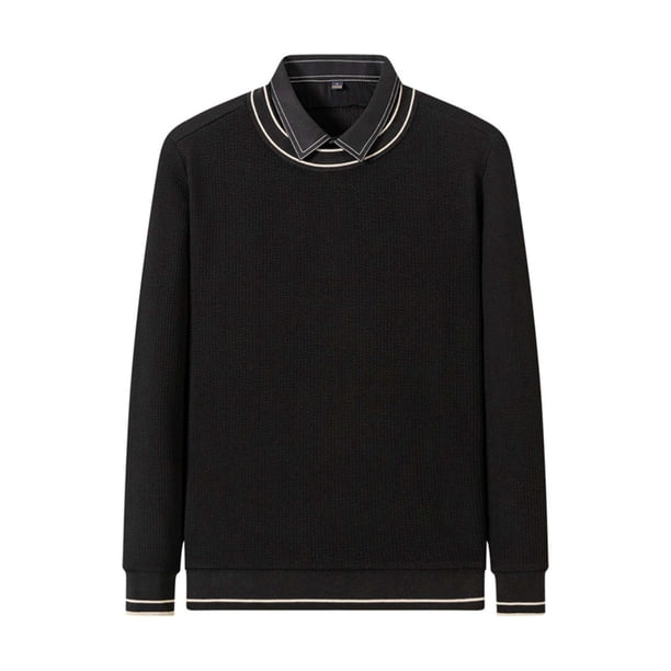 Blusas y camisas de manga larga con cuello en V para hombre, color liso, moda informal, falso bicapa, cuello abatible, suéter cálido, camisa base, manga larga, parte superior de poliéster para hombre